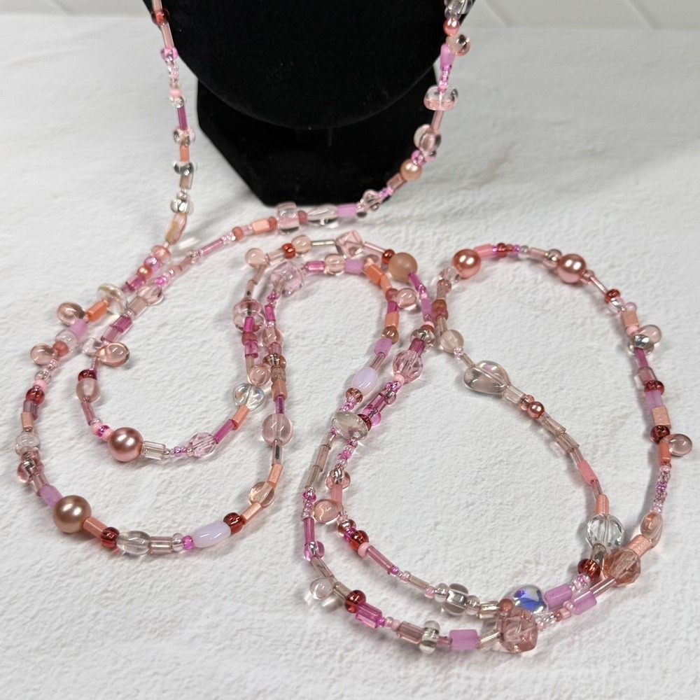 Pink Faux Glass Bead Long Layering Necklace Y2K Fairycore Boho Coquette Romantic